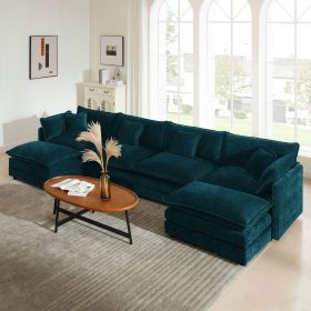 Comfort U Shaped Couch with Reversible Chaise, Modular Large U-Shape Sectional Sofa, Double Extra Ottomans,Blue Chenille
