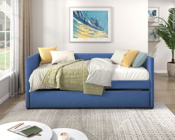 1pc Daybed with Trundle Blue Fabric Upholstery Wooden Frame Modern Home Furniture