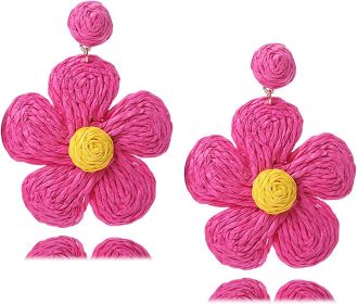 Bohemian Rattan Flower Drop Dangle Earring for Women Girl Teen Boho Colorful Raffia Straw Wicker Statement Earring Handmade Summer Tropical Beach (Color: B rose red)