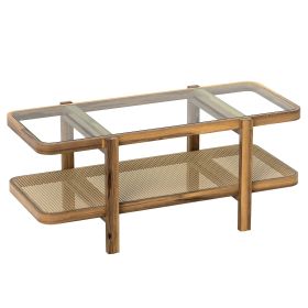 2-Tier Coffee Table with Storage and Tempered Glass Tabletop (Color: Brown)