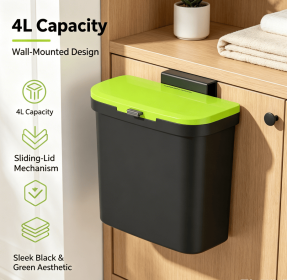 4L Wall Mounted Sliding Lid Trash Can, Punch-Free Hanging Under Cabinet Garbage Bin (STYLE: Wall-mounted sliding cover 4-liter black)