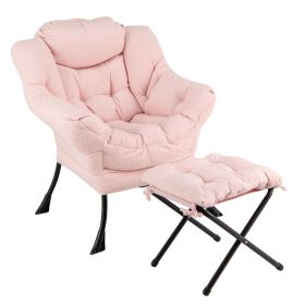 Modern Accent Chair with Folding Footrest and Head Pillow (Color: Pink)